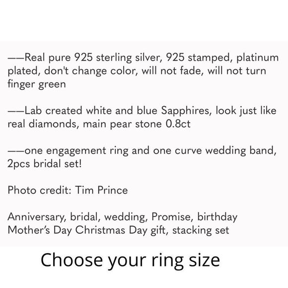 2pcs 925 silver Engagement Ring Wedding Band Set Pear Shaped Diamond Ring - Picture 11 of 11